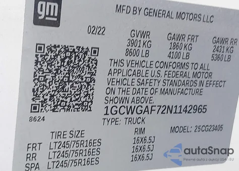 2022 Chevrolet Express Cargo Rwd 2500 Regular Wheelbase Wt из США, поврежденный, VIN 1GCWGAF72N1142965